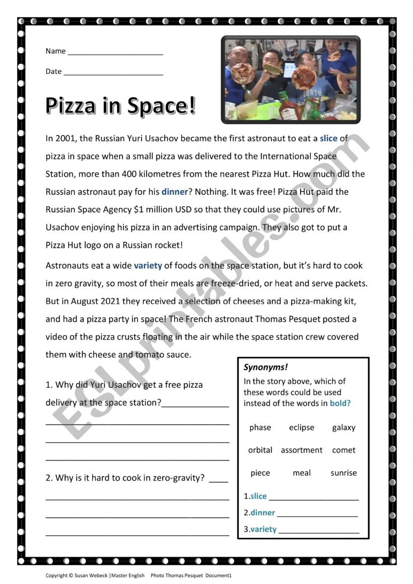 Pizza In Space! True Story. Reading Comprehension W Synonym Task pertaining to Real Life Reading Comprehension Worksheets