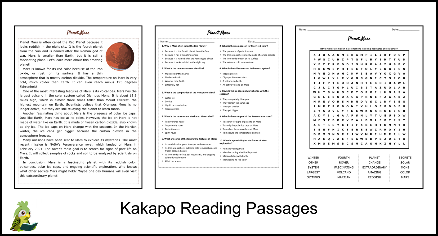 Planet Mars Reading Comprehension And Word Search | Teaching Resources within Mars Reading Comprehension Worksheet