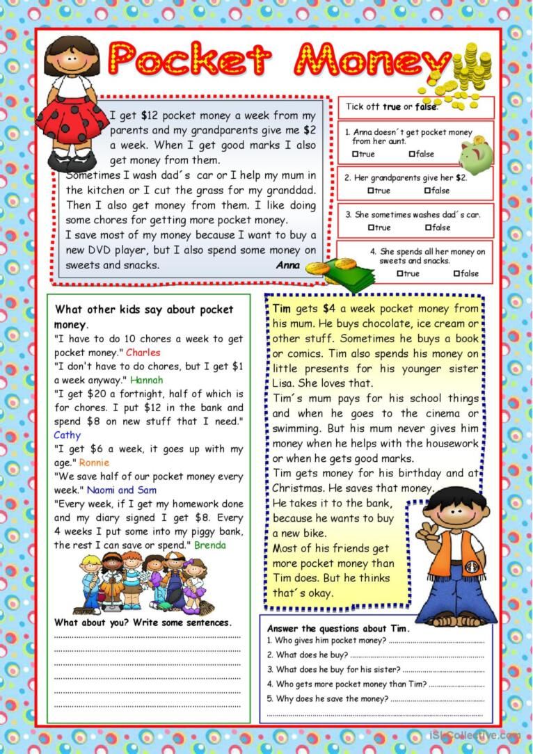 Pocket Money (+Key) Reading For Deta…: English Esl Worksheets Pdf intended for Money Reading Comprehension Worksheets