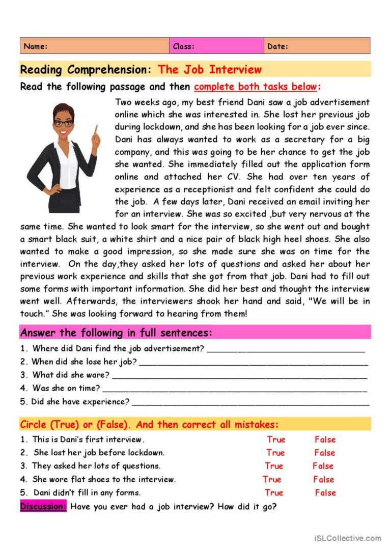 Reading Comprehension: A Jo…: English Esl Worksheets Pdf &amp;amp; Doc with regard to Reading Comprehension Worksheets About Jobs