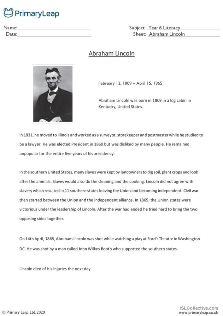 Reading Comprehension Worksheets Abraham Lincoln