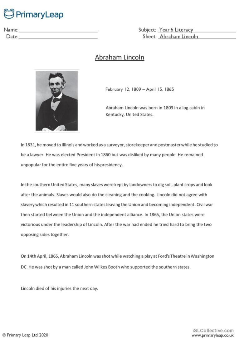 Reading Comprehension - Abraham Linc…: English Esl Worksheets Pdf throughout Reading Comprehension Worksheets Abraham Lincoln