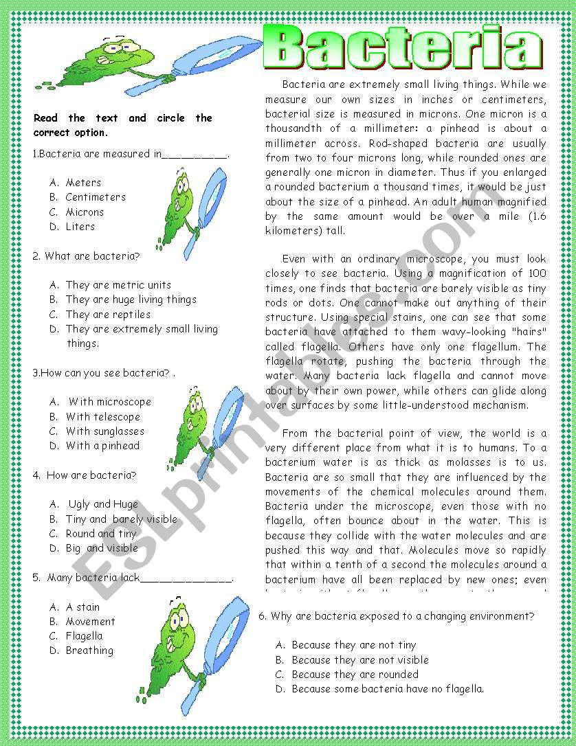 Reading Comprehension-Bacteria - Esl Worksheetla Mente Maestra inside Microscope Reading Comprehension Worksheet