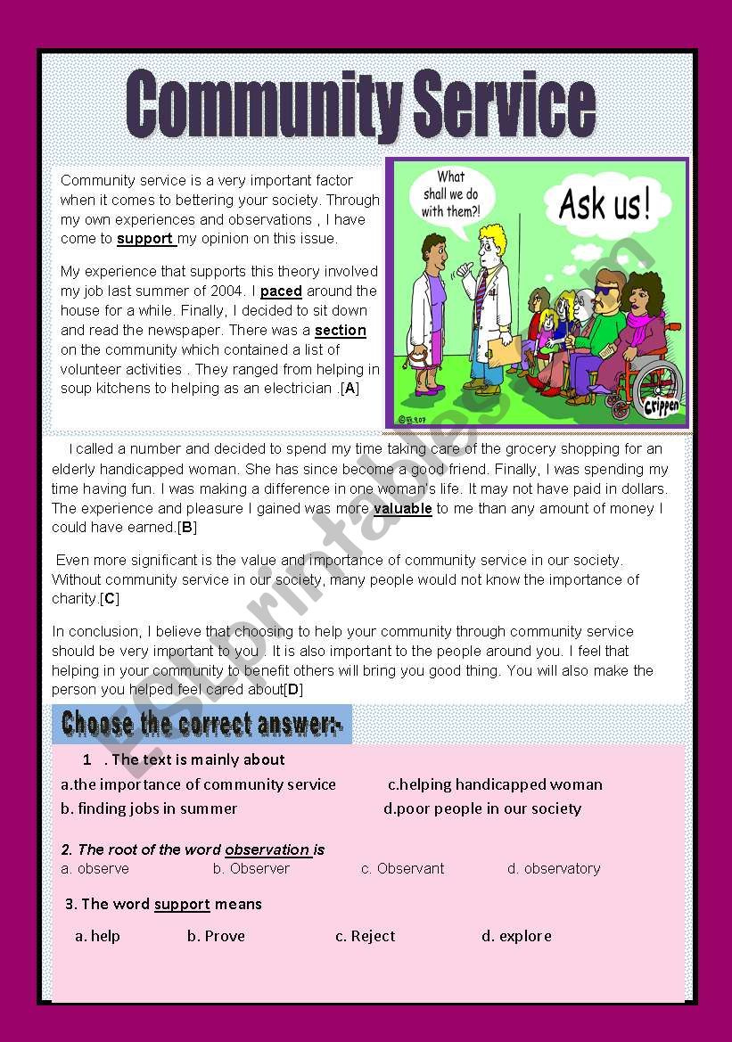 Reading Comprehension ( Community Service) - Esl Worksheetaaisha86 with Community Reading Comprehension Worksheets