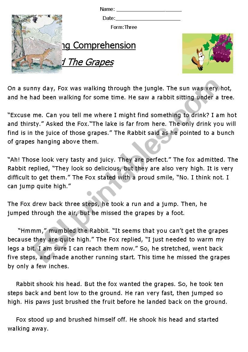 Reading Comprehension ´Fable´ (The Fox And The Grapes) - Esl throughout Reading Comprehension Aesop Fables Worksheets