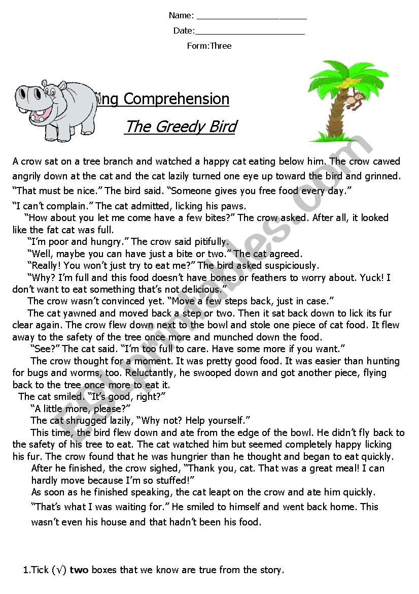 Reading Comprehension ´Fable´ (The Greedy Bird) - Esl Worksheet inside Reading Comprehension Aesop Fables Worksheets
