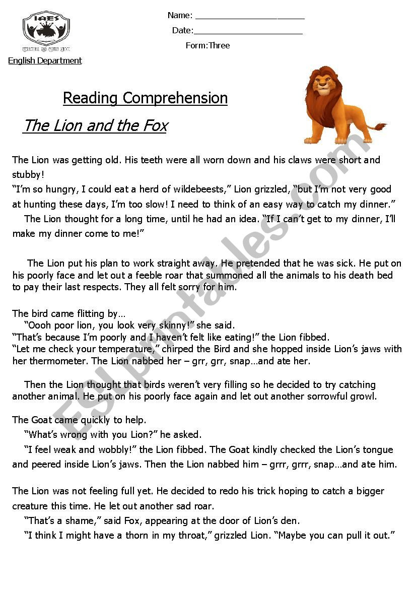 Reading Comprehension ´Fable´ (The Lion And The Fox) - Esl intended for Reading Comprehension Aesop Fables Worksheets