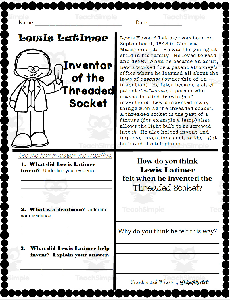 Reading Comprehension For Black History Month: Lewis Latimer pertaining to Black History Month Reading Comprehension Worksheets