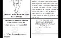 Reading Comprehension For Black History Month: Michael Jackson in Reading Comprehension Black History Worksheets
