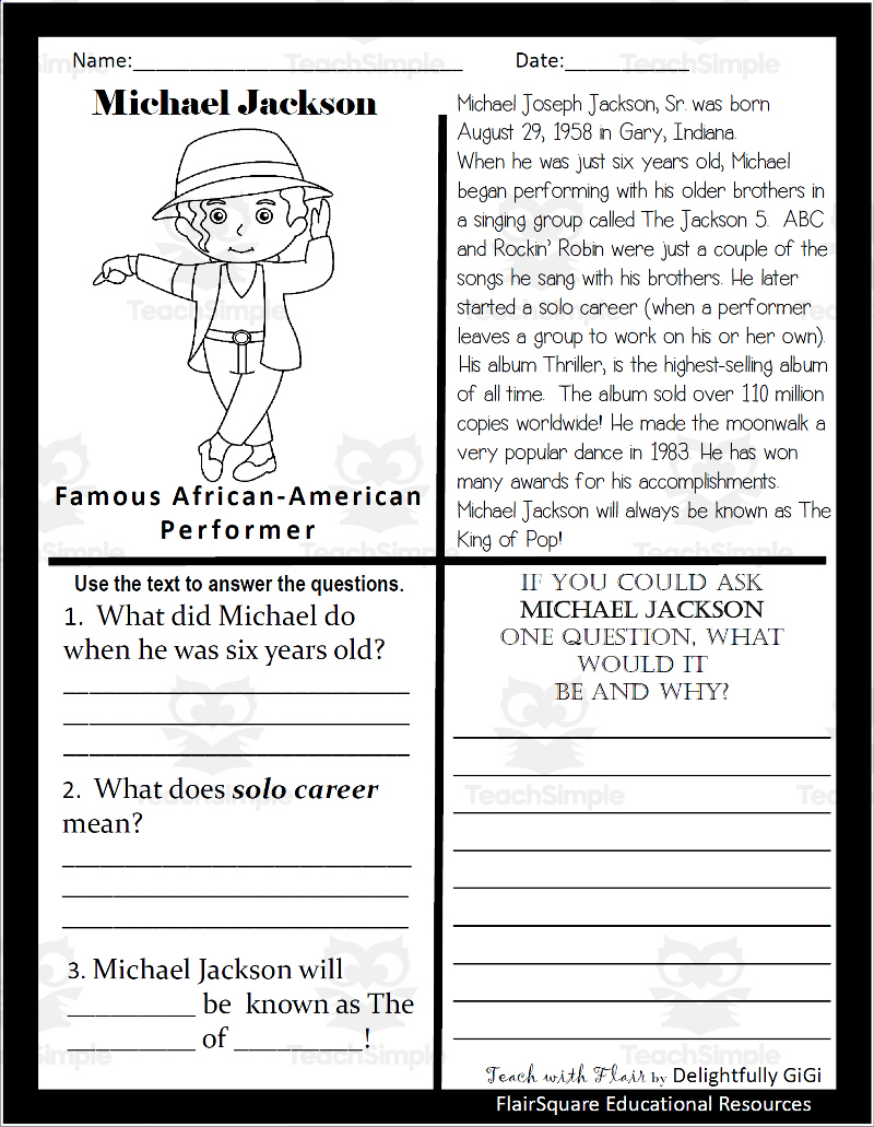 Reading Comprehension For Black History Month: Michael Jackson inside Black History Month Reading Comprehension Worksheets