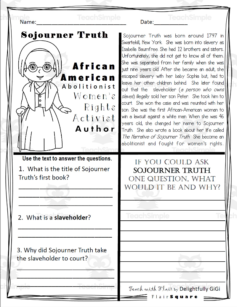 Reading Comprehension For Black History Month: Sojourner Truth throughout Sojourner Truth Reading Comprehension Worksheet