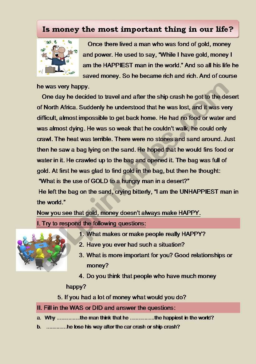 Reading-Comprehension. &amp;quot;Is Money The Most Important Thing In Our in Money Reading Comprehension Worksheets
