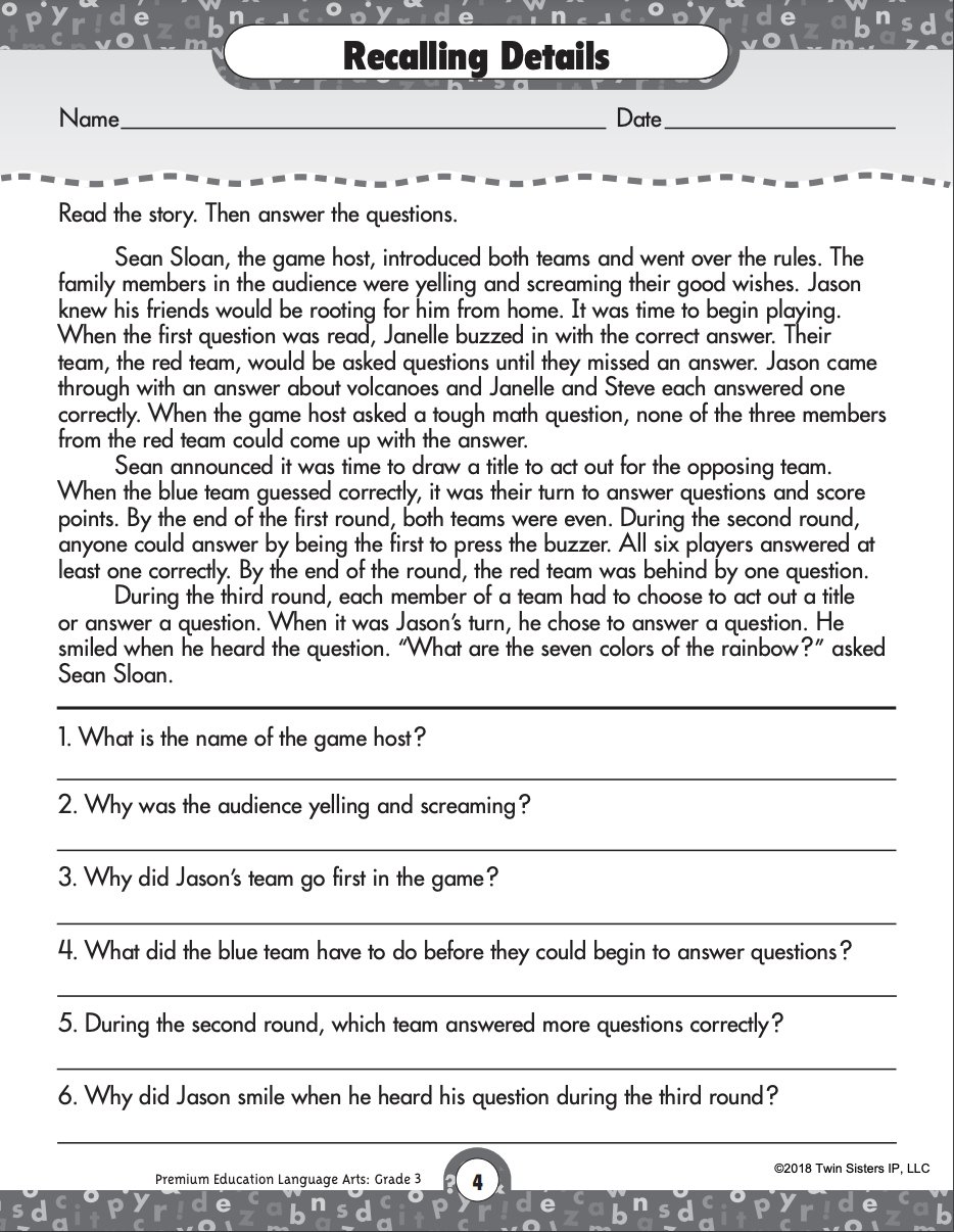 Reading Comprehension Language Arts Printable Workbook For Grade 3 intended for Language Arts Reading Comprehension Worksheets