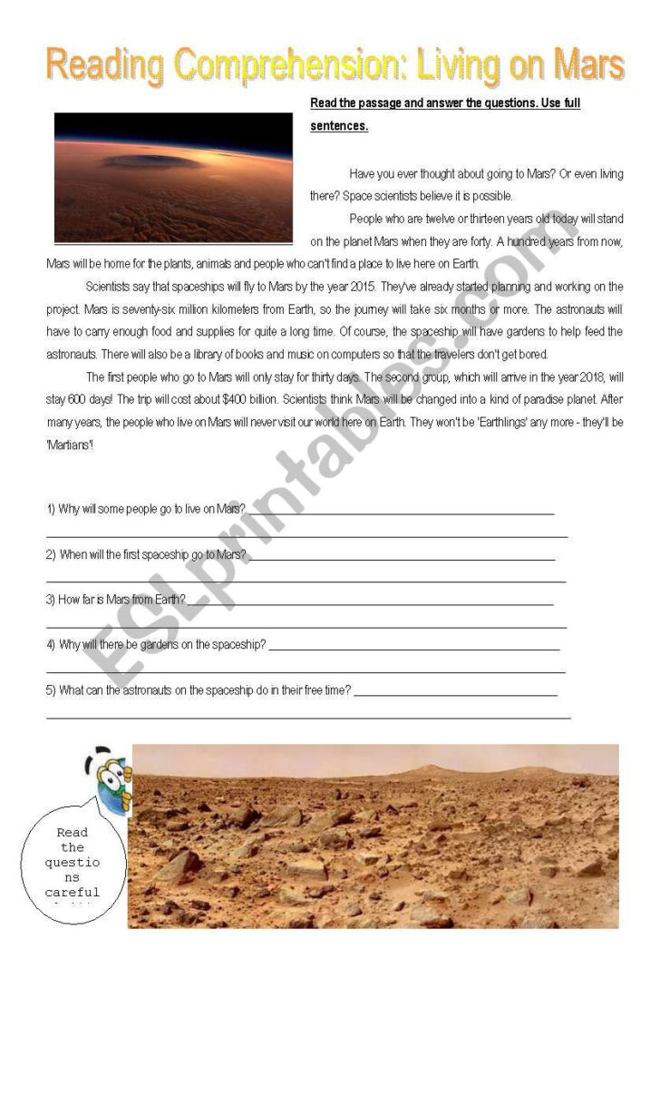 Mars Reading Comprehension Worksheet