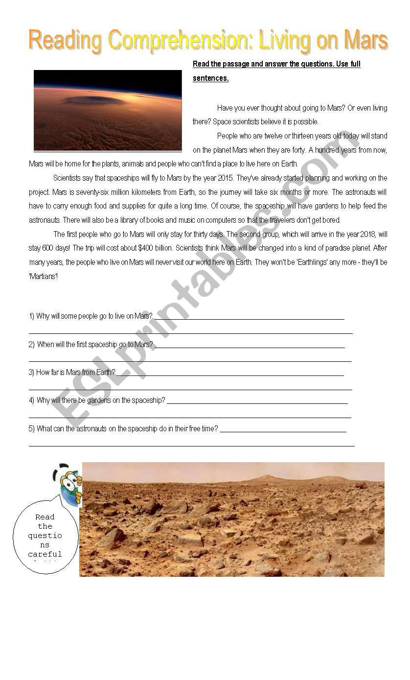 Reading Comprehension: Living On Mars - Esl Worksheetmarinett within Mars Reading Comprehension Worksheet