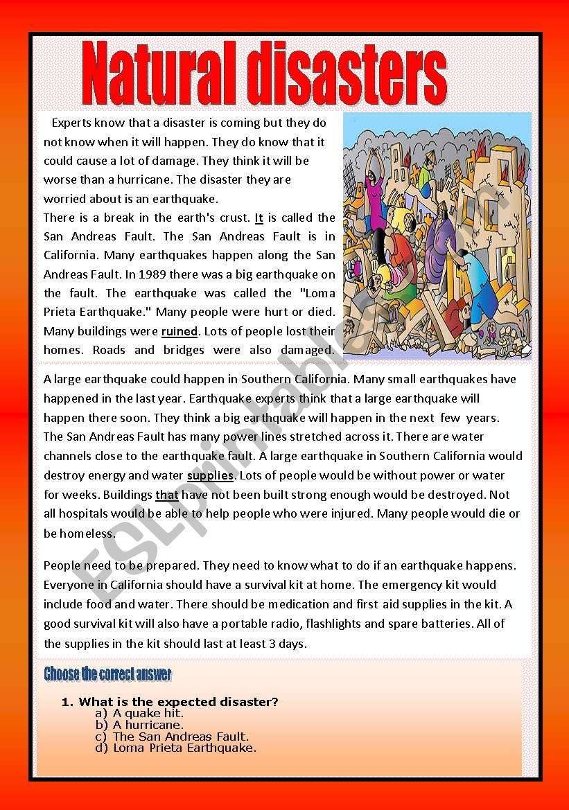 Reading Comprehension ( Natural Disasters) - Esl Worksheetaaisha86 with Natural Disasters Reading Comprehension Worksheets