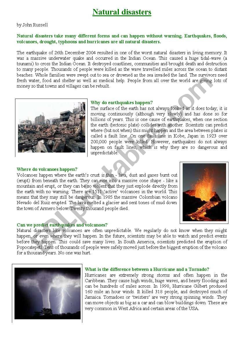 Reading Comprehension - Natural Disasters - Esl Worksheetgise09 within Natural Disasters Reading Comprehension Worksheets