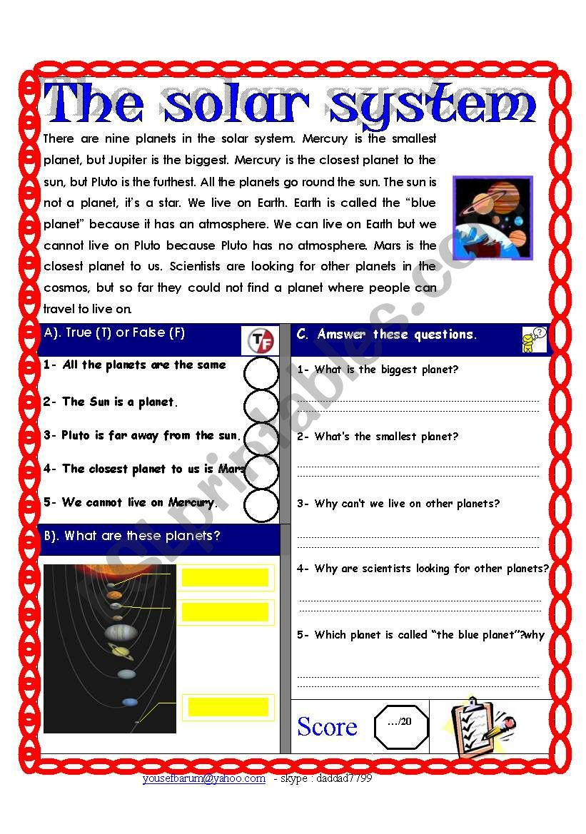 Reading Comprehension Test ( Theme: The Solar System) - Esl throughout Science Worksheets Reading Comprehension