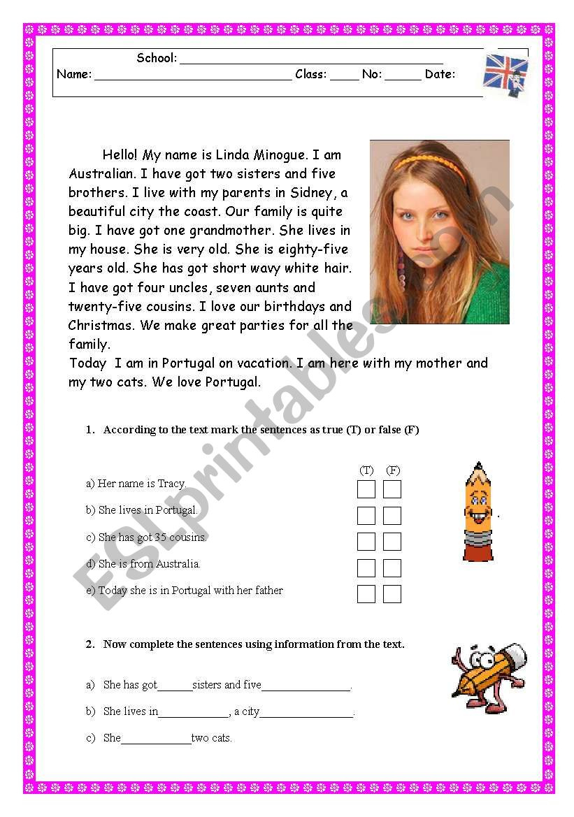 Reading Comprehension Test/Worksheet - Family/Physical Description with Reading Comprehension With Multiple Choice Questions Worksheets