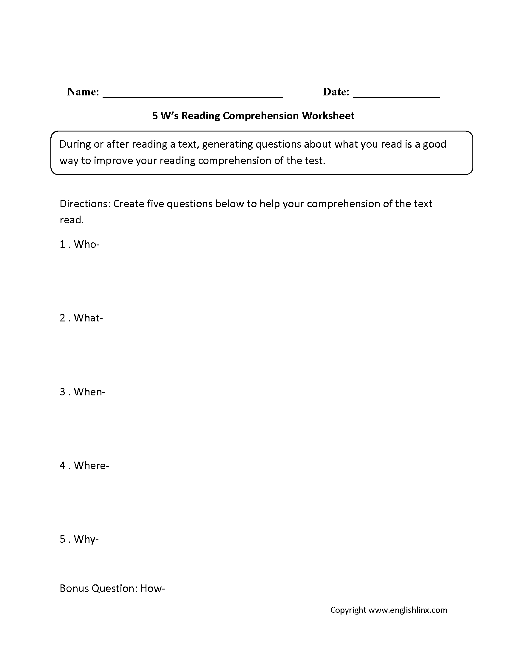 Reading Comprehension Worksheets | Five W&amp;#039;S Reading Comprehension for Who What When Where Why How Reading Comprehension Worksheet