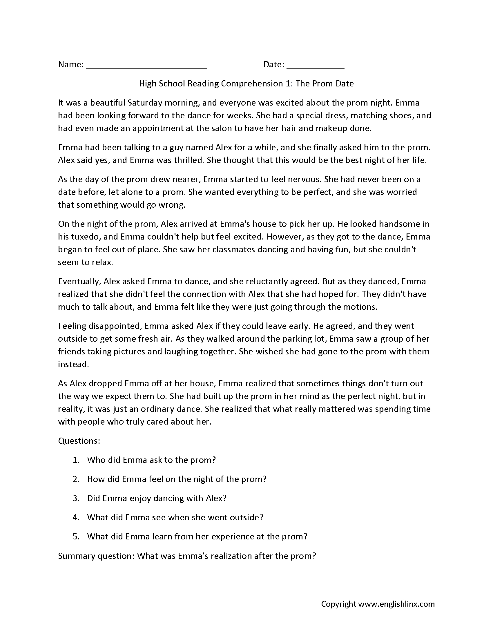 Reading Comprehension Worksheets | High School Reading inside Reading Comprehension Worksheets Junior High