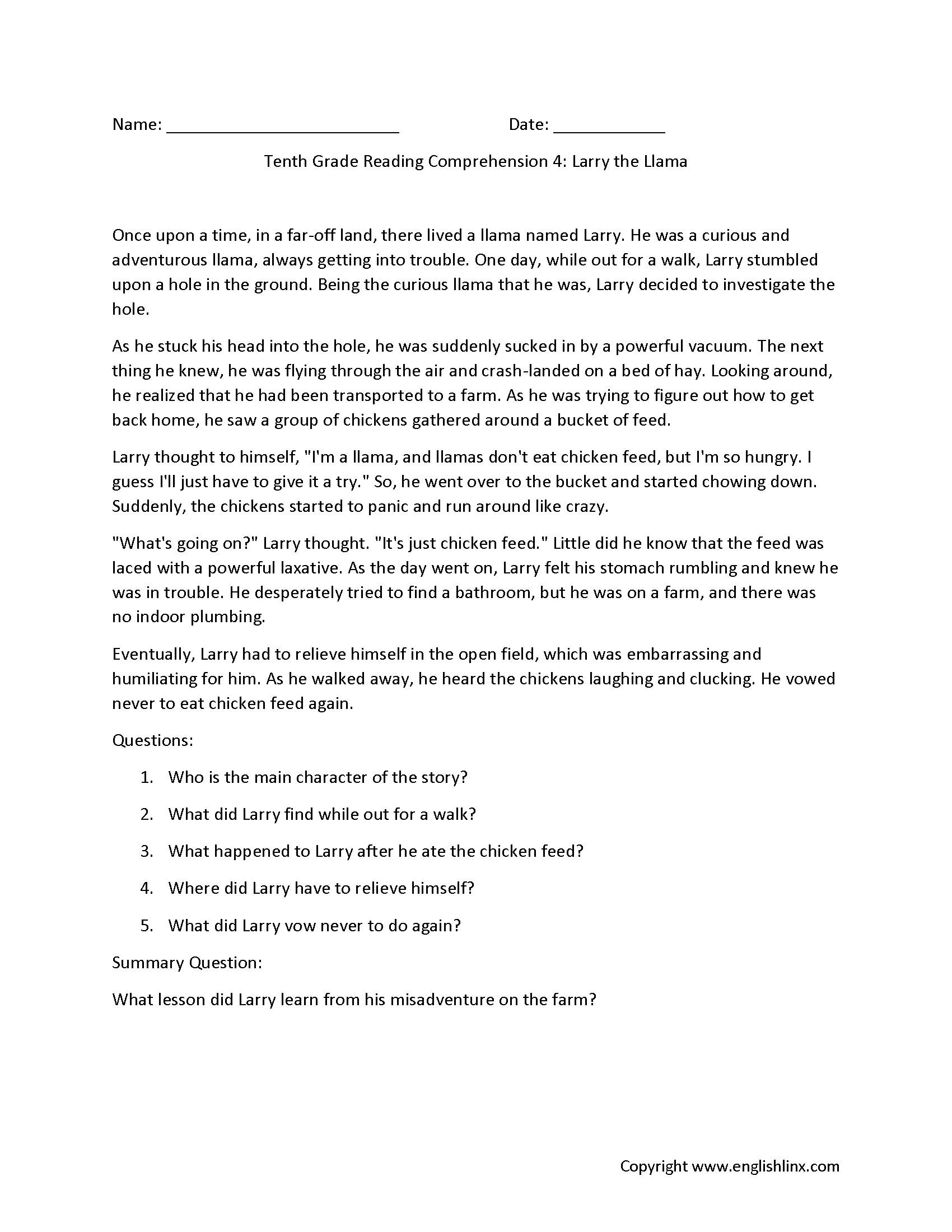 Reading Comprehension Worksheets | Tenth Grade Reading within Reading Comprehension Worksheets Grade 10