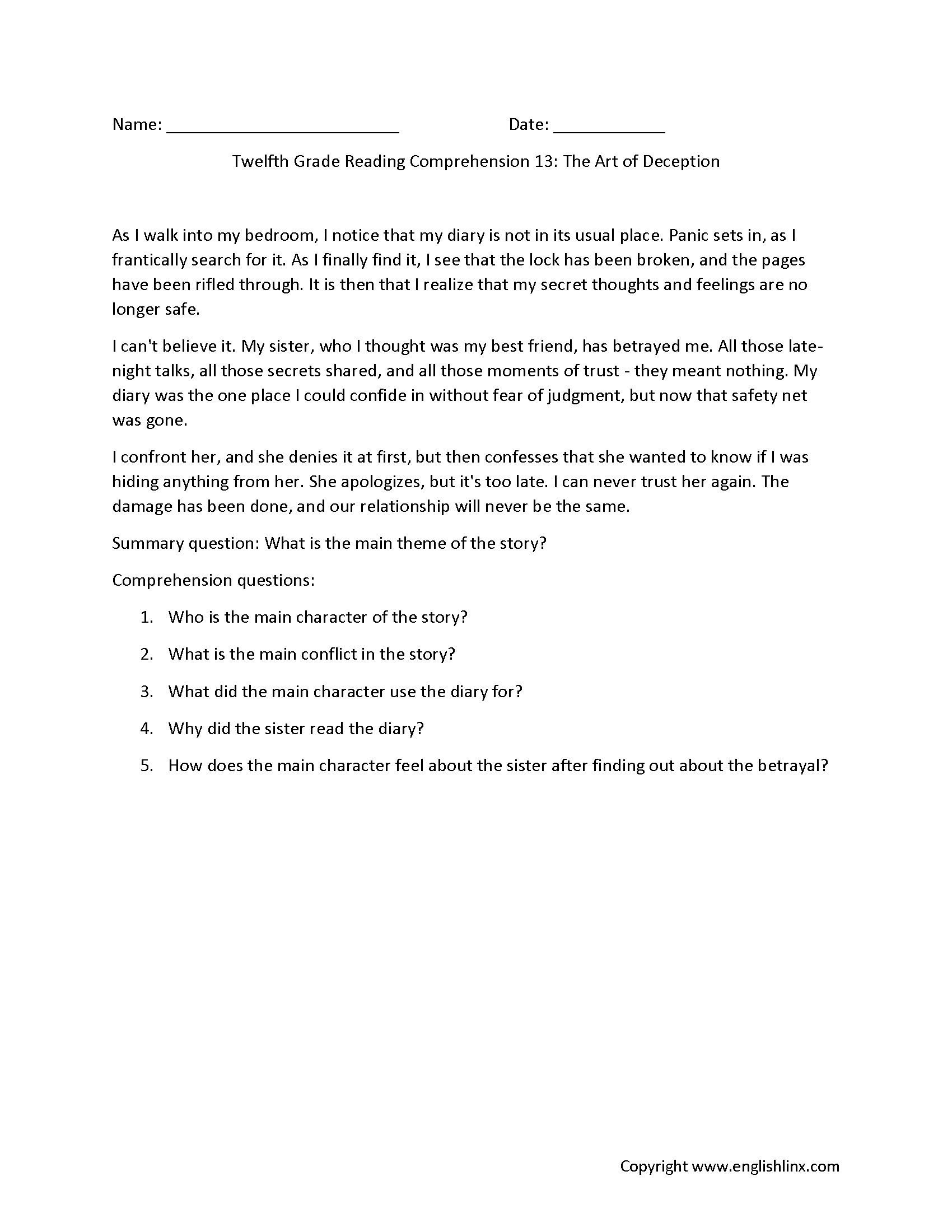 Reading Comprehension Worksheets | Twelfth Grade Reading inside 12Th Grade Reading Comprehension Worksheets