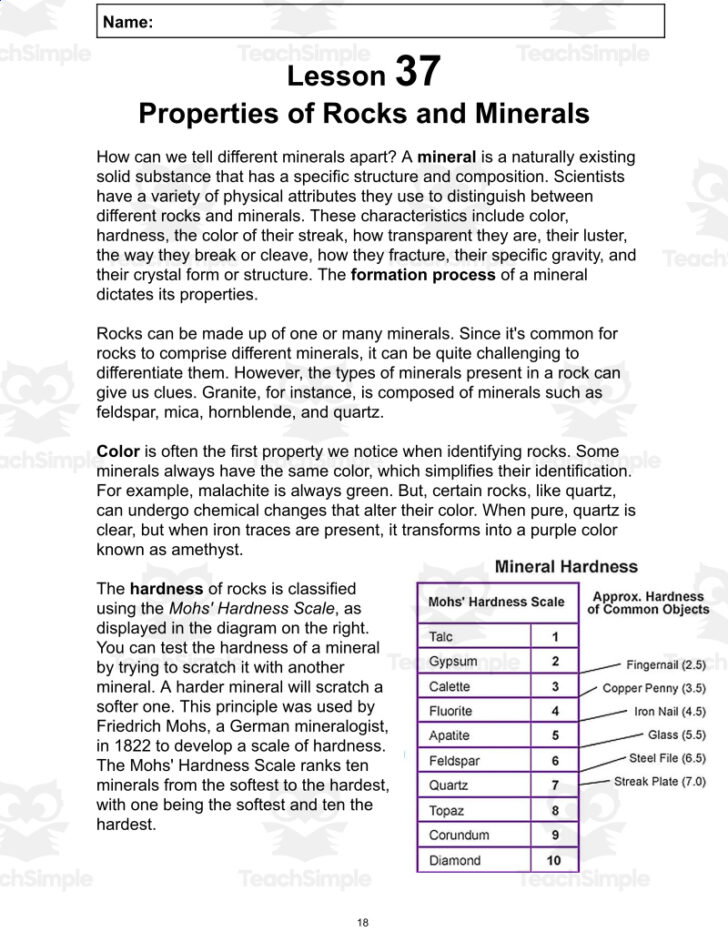 Rocks and Minerals Reading Comprehension Worksheets