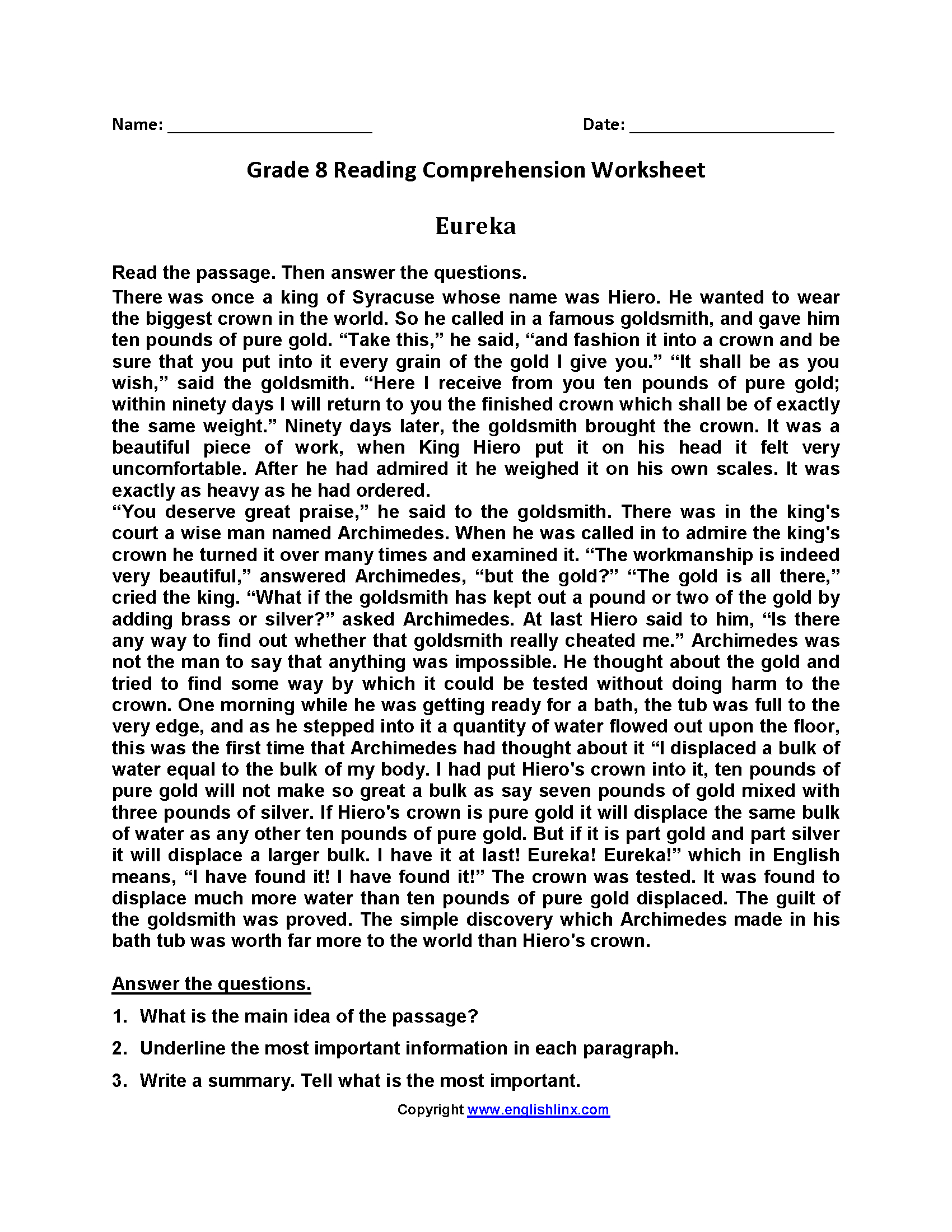 Reading Worksheets | Eighth Grade Reading Worksheets in Free 8th Grade Reading Comprehension Worksheets