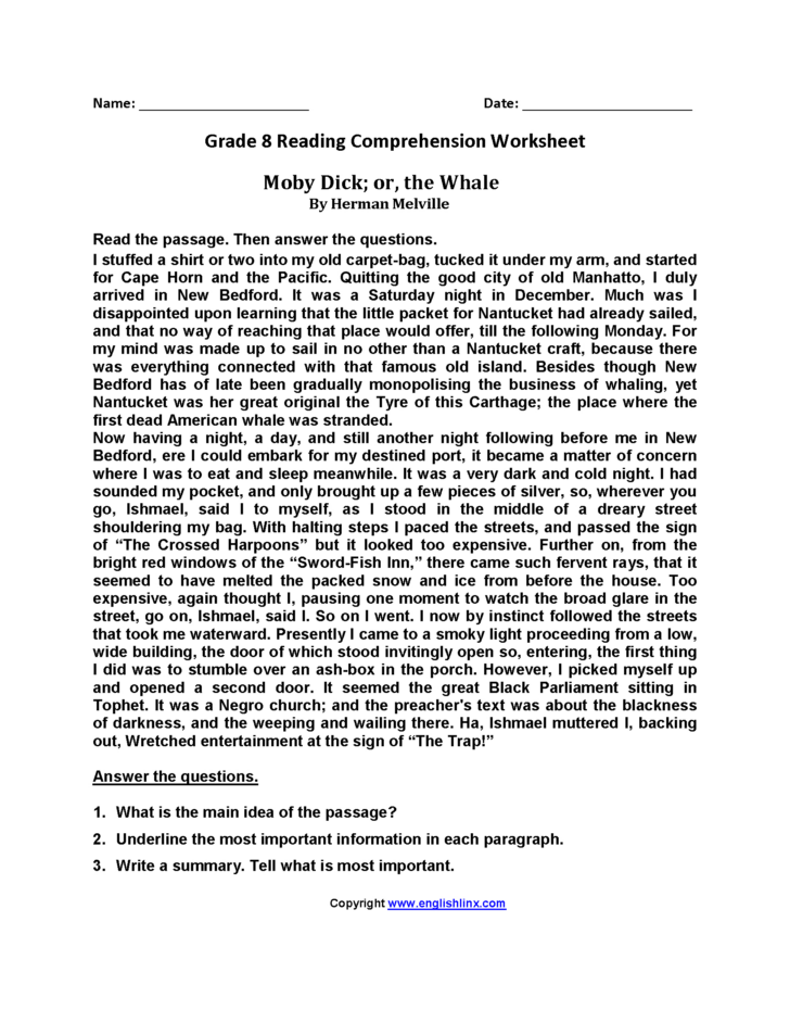 Free 8th Grade Reading Comprehension Worksheets