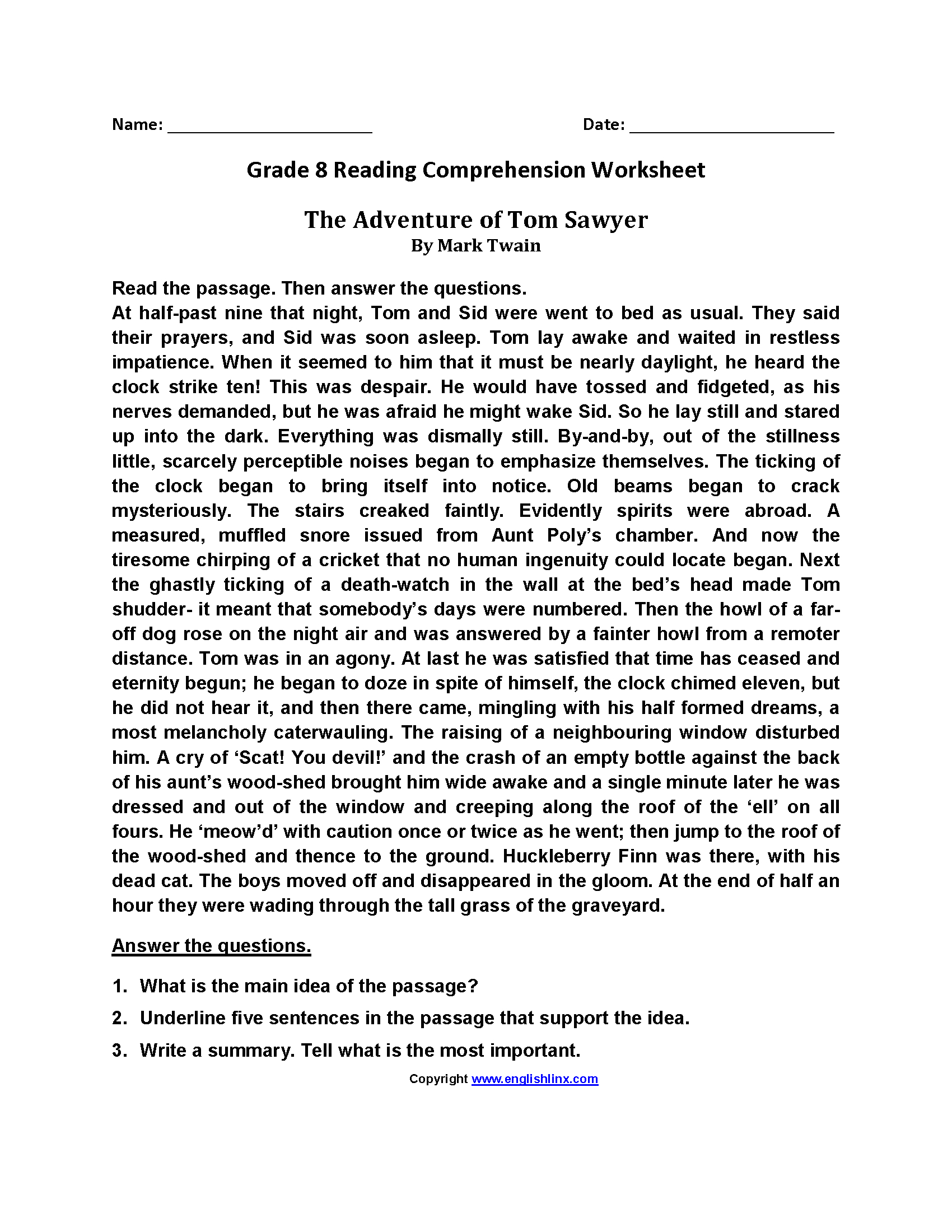 Reading Worksheets | Eighth Grade Reading Worksheets with Free 8Th Grade Reading Comprehension Worksheets