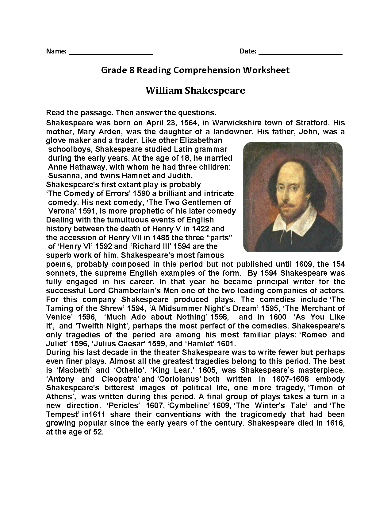 Reading Worksheets | Eighth Grade Reading Worksheets with William Shakespeare Reading Comprehension Worksheet