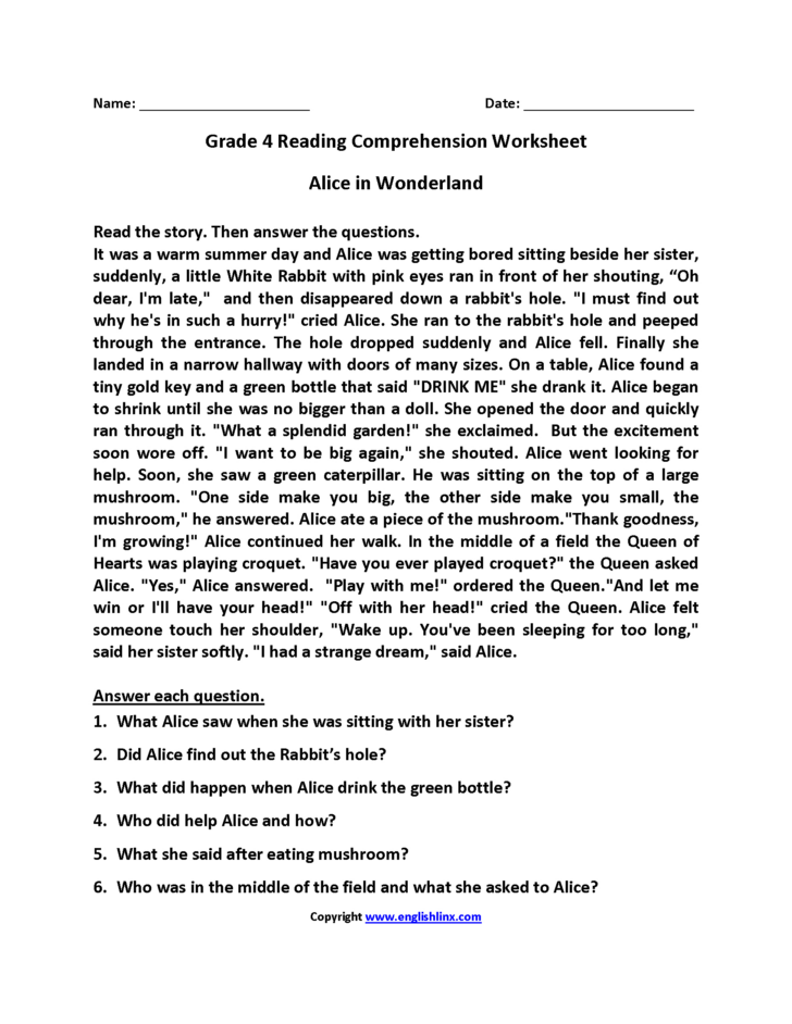 Grade 4 Reading Comprehension Worksheets Free