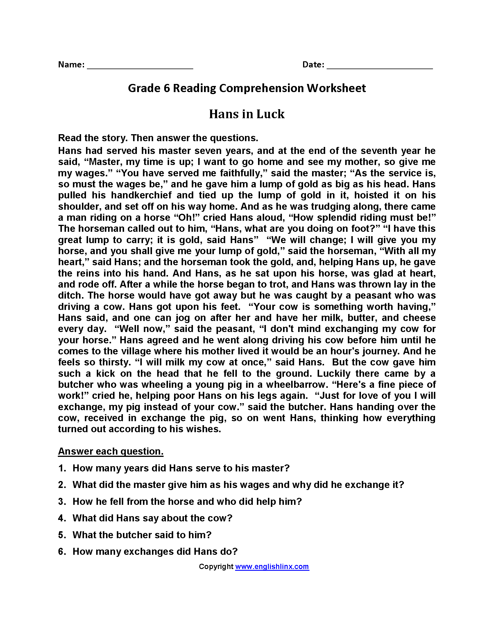 Reading Worksheets | Sixth Grade Reading Worksheets pertaining to Grade 6 Reading Comprehension Worksheets
