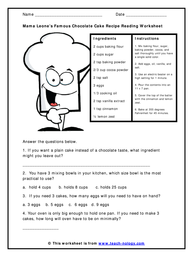 Recipe Worksheets With Questions Pdf - Fill Online, Printable with regard to Recipe Reading Comprehension Worksheets