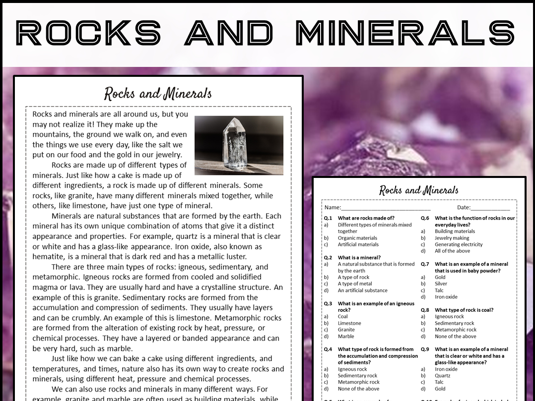 Rocks And Minerals Reading Comprehension Passage And Questions in Rocks And Minerals Reading Comprehension Worksheets