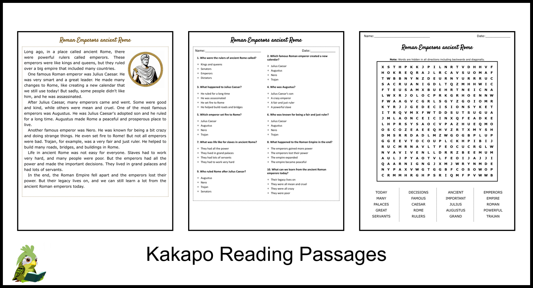 Roman Emperors Ancient Rome Reading Comprehension And Word Search within Ancient Rome Reading Comprehension Worksheets