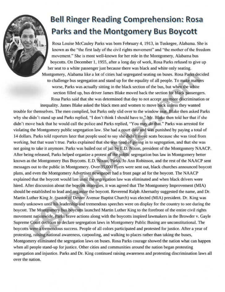 Rosa Parks Reading Comprehension Worksheets Free