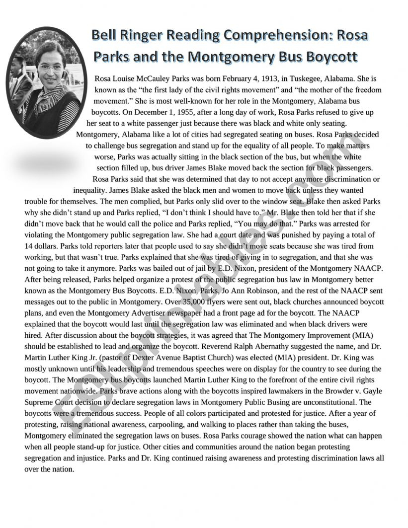 Rosa Parks Reading Comprehension - Esl Worksheetmohamed.93 with Rosa Parks Reading Comprehension Worksheets Free