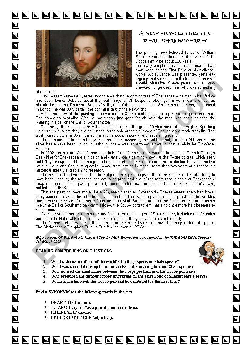 Shakespeare´s Portrait Reading Comprehension (With Answers) - Esl in William Shakespeare Reading Comprehension Worksheet