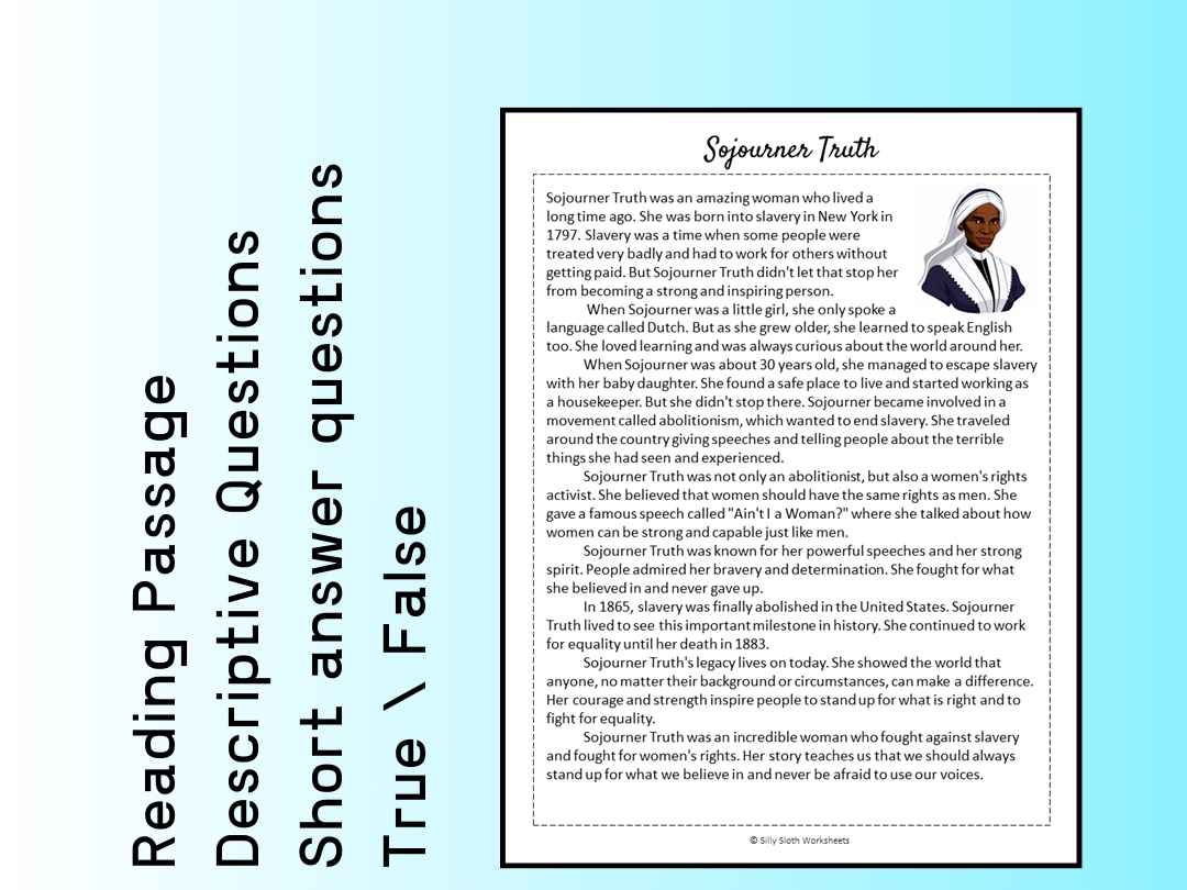 Sojourner Truth Biography Reading Comprehension Passage Printable with Sojourner Truth Reading Comprehension Worksheet