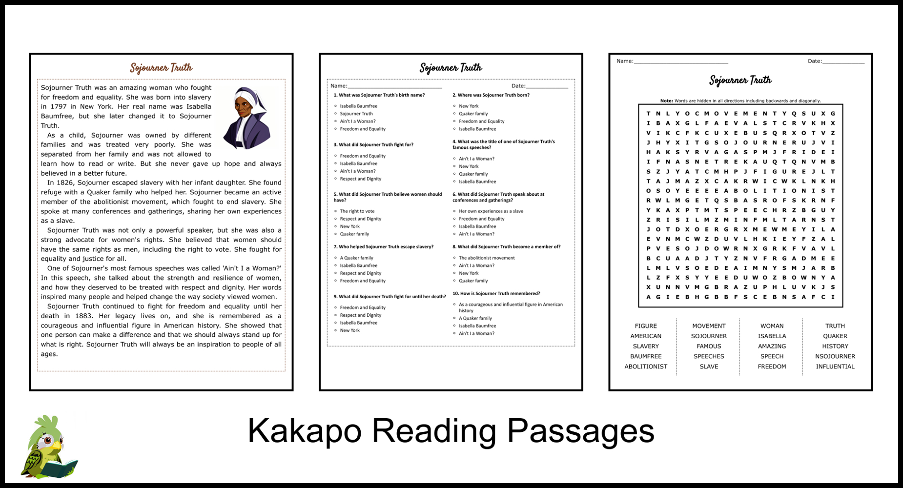 Sojourner Truth Reading Comprehension And Word Search | Teaching intended for Sojourner Truth Reading Comprehension Worksheet