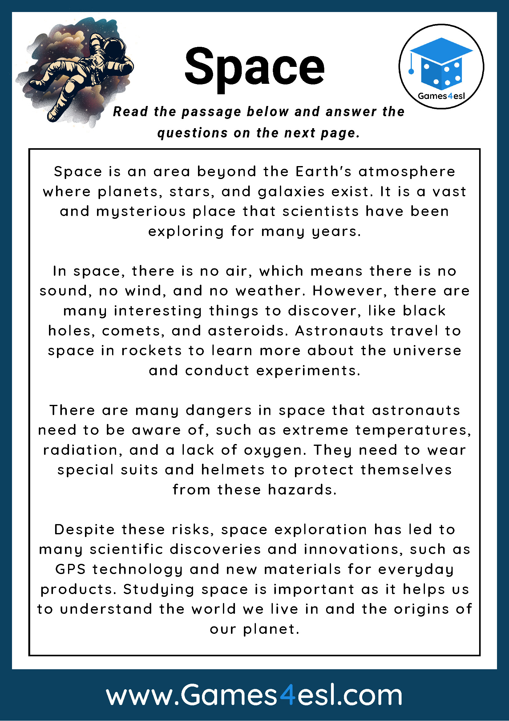 Space - Reading Comprehension Worksheet | Games4Esl regarding Outer Space Reading Comprehension Worksheets
