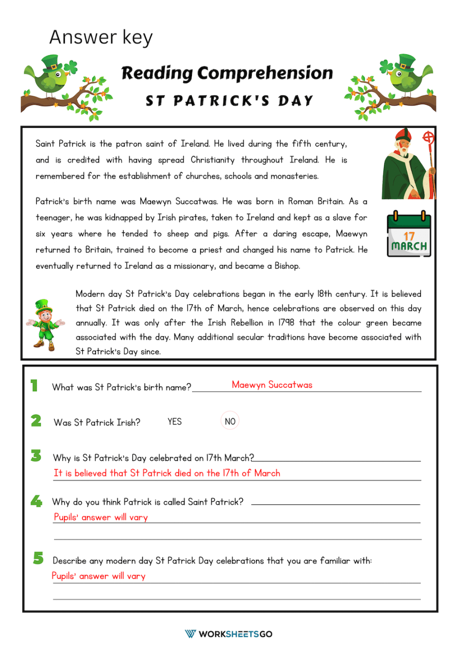 St Patrick&amp;#039;S Day Reading Comprehension Worksheets | Worksheetsgo intended for Reading Comprehension Worksheets Answer Key