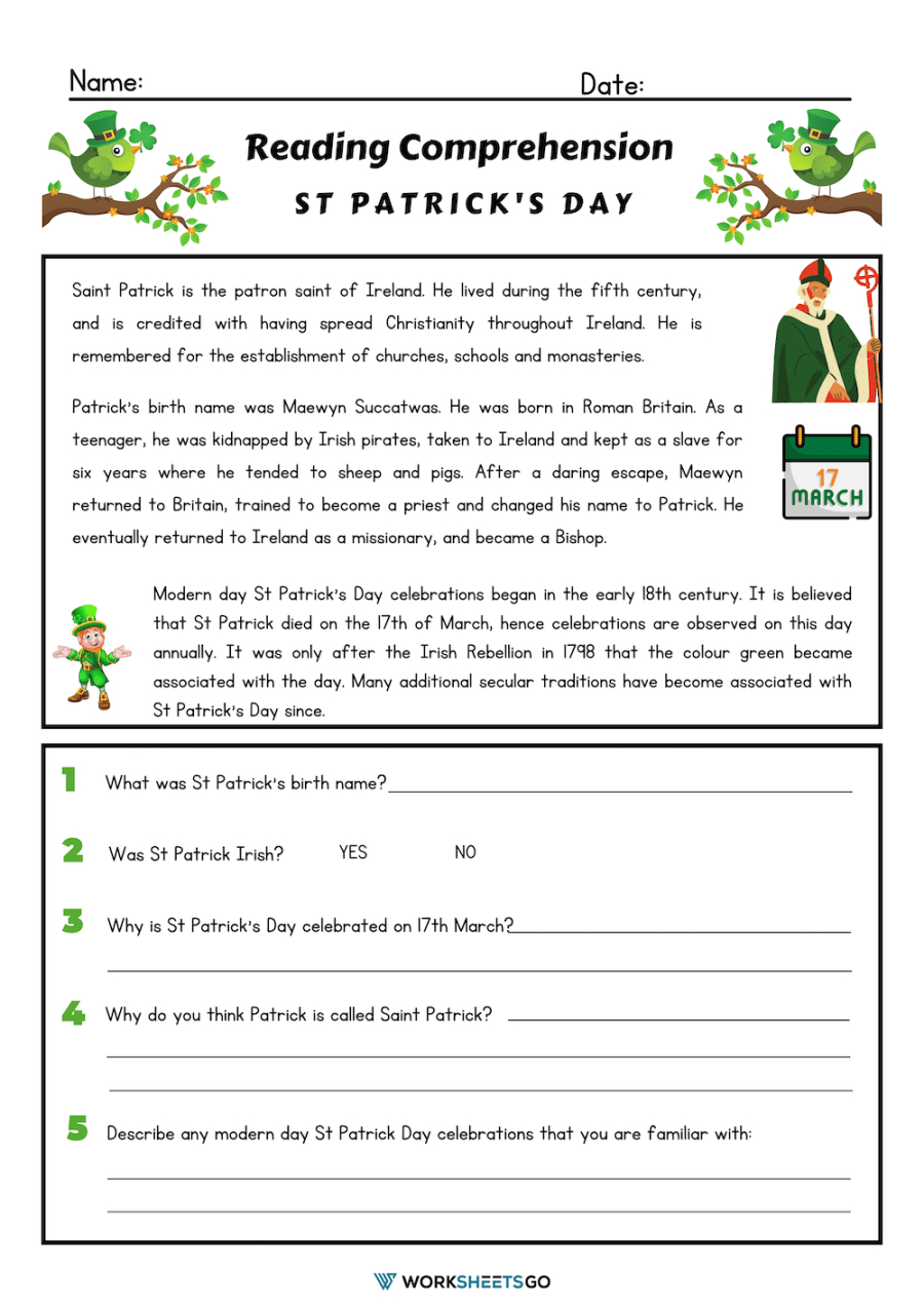 St Patrick&amp;#039;S Day Reading Comprehension Worksheets | Worksheetsgo with regard to March Reading Comprehension Worksheets