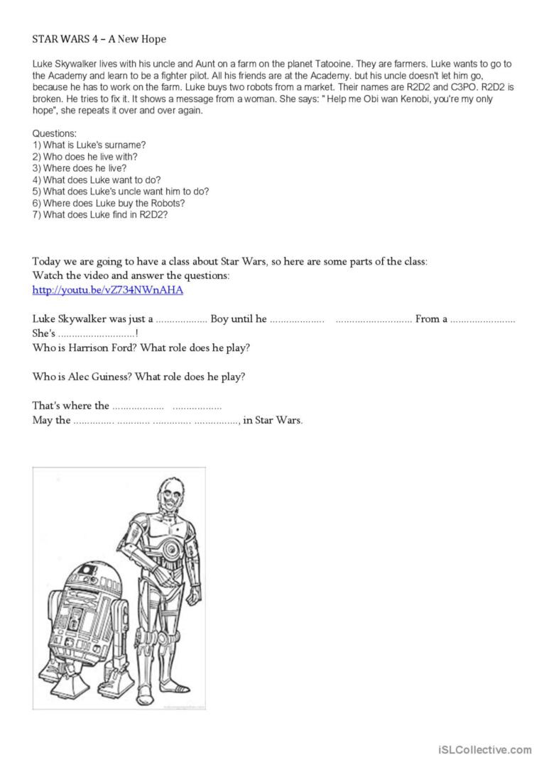 Star Wars 4 - A New Hope Reading For…: English Esl Worksheets Pdf throughout Star Wars Reading Comprehension Worksheets
