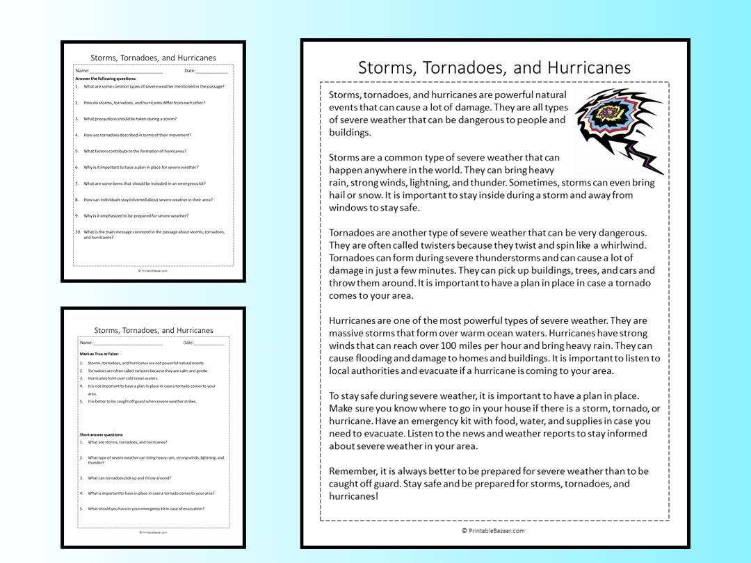 Storms, Tornadoes, And Hurricanes Reading Comprehension Passage with Hurricane Reading Comprehension Worksheet