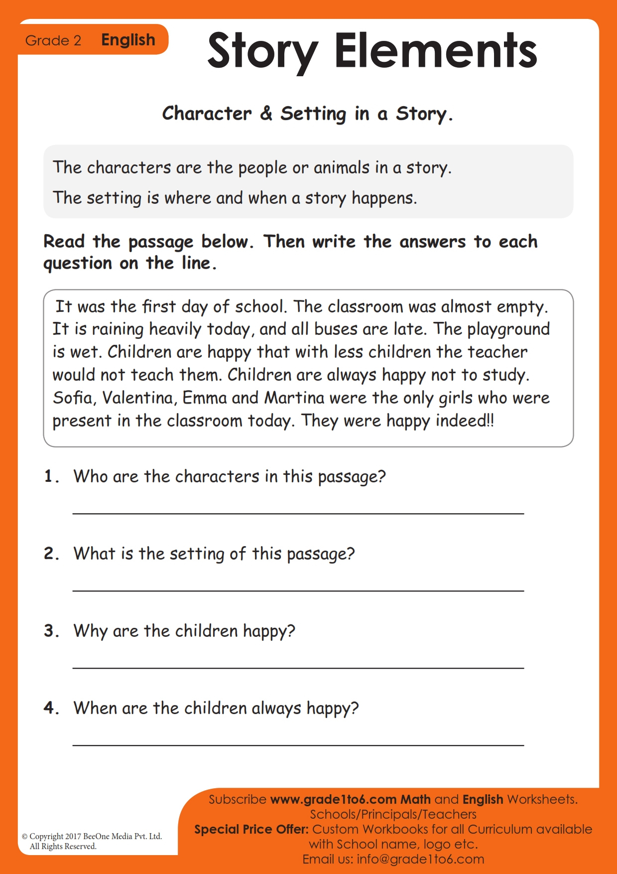 Story Elements Worksheets | Grade1To6 with regard to Story Elements Reading Comprehension Worksheets