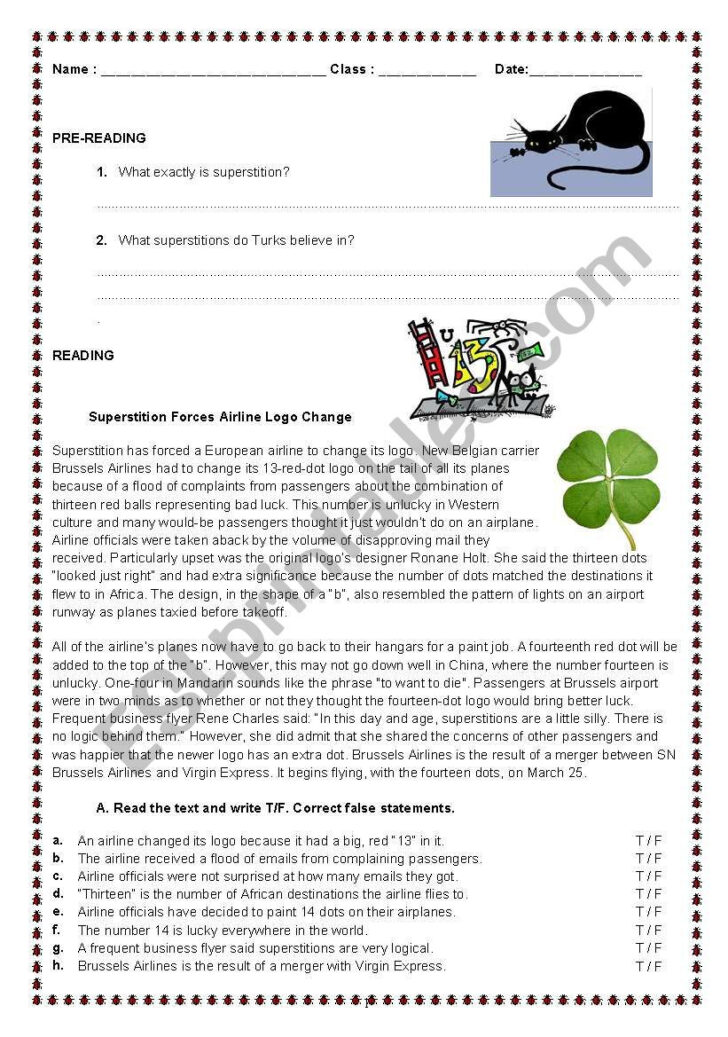 Superstition Reading Comprehension Worksheets