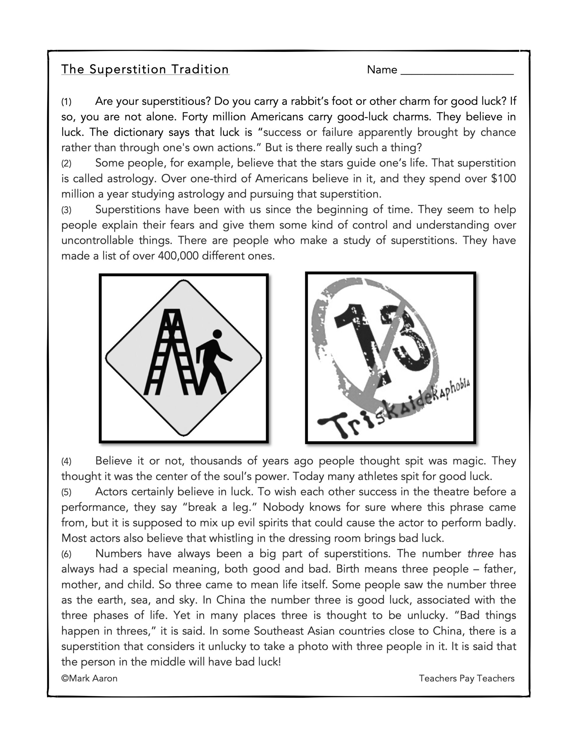 Superstitions- Reading Comprehension Passage And Assessment - Classful for Superstition Reading Comprehension Worksheets